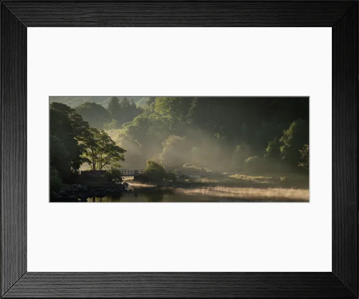 Framed Print : Footbridge crossing Nant Gwyd and Llynnau Mymbyr at sunrise with morning mist, Capel Curig, Snowdonia National Park, Wales, United Kingdom, Europe Framed Print : Footbridge crossing Nant Gwyd and Llynnau Mymbyr at sunrise with morning mist, Capel Curig, Snowdonia National Park, Wales, United Kingdom, Europe