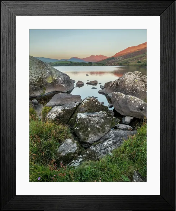 Framed Print : Rocks and lake at sunrise, Llynnau mymbyr, Capel Curig, Snowdonia National Park, Wales, United Kingdom, Europe Framed Print : Rocks and lake at sunrise, Llynnau mymbyr, Capel Curig, Snowdonia National Park, Wales, United Kingdom, Europe