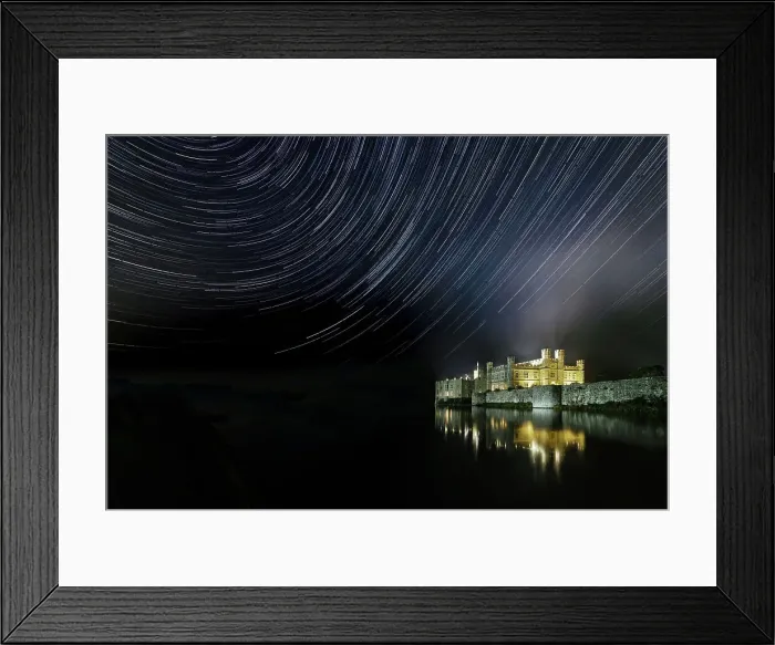 Framed Print : Leeds castle illuminated reflected in moat showing star trails in the night sky, near Maidstone, Kent, England, United Kingdom, Europe Framed Print : Leeds castle illuminated reflected in moat showing star trails in the night sky, near Maidstone, Kent, England, United Kingdom, Europe