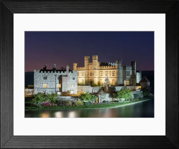 Framed Print : Leeds Castle and moat at night with decorated Christmas tree, near Maidstone, Kent, England, United Kingdom, Europe