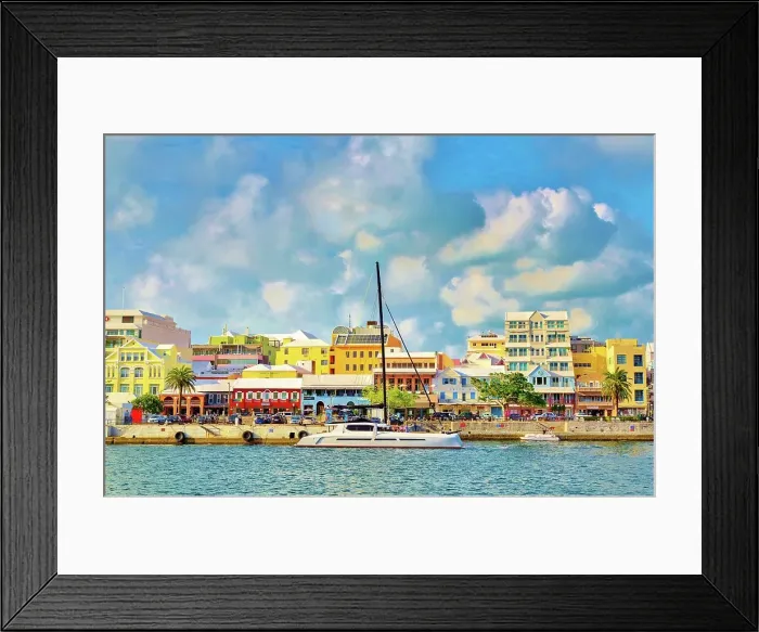 Framed Print : Catamaran passing pastel coloured buildings on Front Street, Hamilton, Bermuda, Atlantic, North America Framed Print : Catamaran passing pastel coloured buildings on Front Street, Hamilton, Bermuda, Atlantic, North America