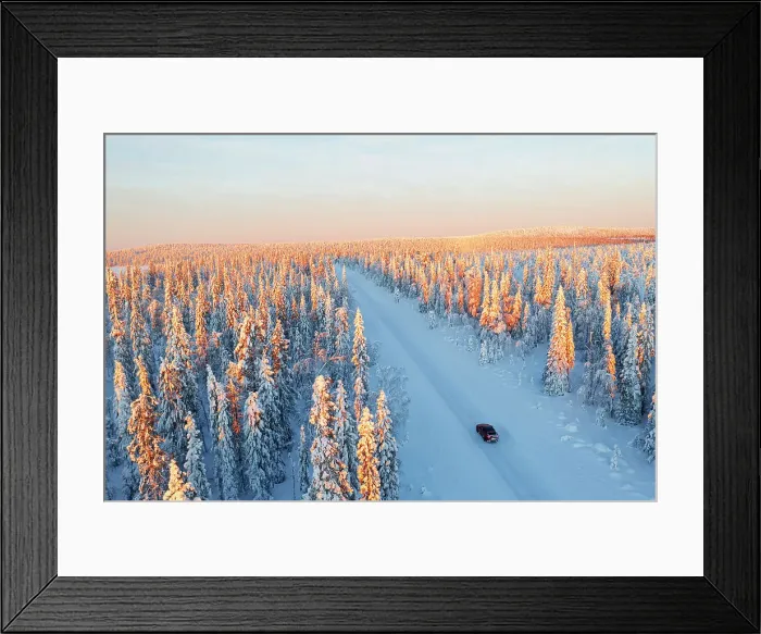 Framed Print : View from a drone of a car travelling an icy road among pine tree wood at sunrise, Swedish Lapland, Sweden, Scandinavia, Europe Framed Print : View from a drone of a car travelling an icy road among pine tree wood at sunrise, Swedish Lapland, Sweden, Scandinavia, Europe