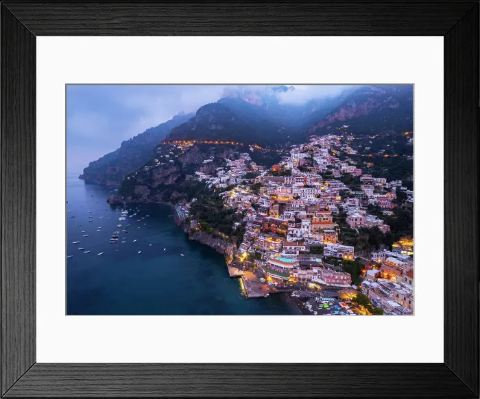 Framed Print : The illuminated and pretty village of Positano at dawn, aerial view, Amalfi Coast, UNESCO World Heritage Site, Campania region, Italy, Europe Framed Print : The illuminated and pretty village of Positano at dawn, aerial view, Amalfi Coast, UNESCO World Heritage Site, Campania region, Italy, Europe