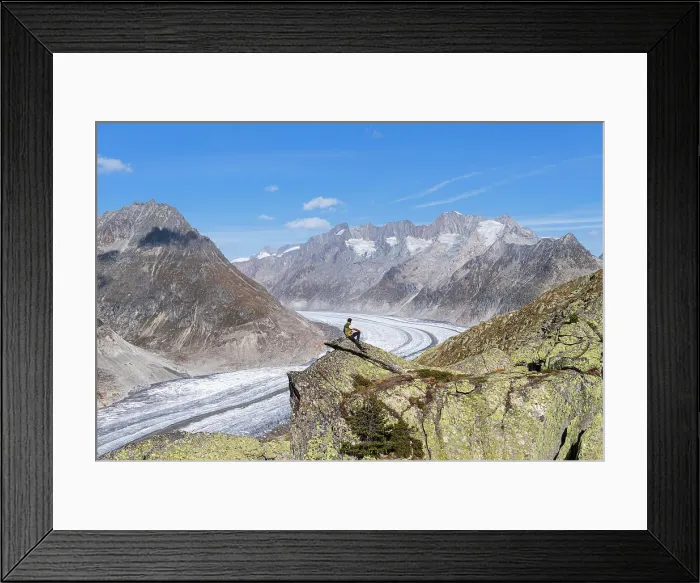 Framed Print : Hiker on top of a rock enjoying the view of the Aletsch Glacier and alpine mountains with snow, Aletsch Glacier, Bettmerhorn, UNESCO World Heritage Site, Valais canton, Switzerland, Europe Framed Print : Hiker on top of a rock enjoying the view of the Aletsch Glacier and alpine mountains with snow, Aletsch Glacier, Bettmerhorn, UNESCO World Heritage Site, Valais canton, Switzerland, Europe
