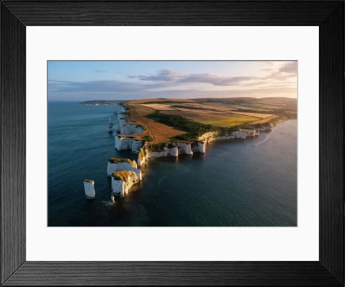 Framed Print : Aerial view of Old Harry Rocks at sunset, Handfast Point, Purbeck, Jurassic Coast, UNESCO World Heritage Site, Dorset, England, United Kingdom, Europe Framed Print : Aerial view of Old Harry Rocks at sunset, Handfast Point, Purbeck, Jurassic Coast, UNESCO World Heritage Site, Dorset, England, United Kingdom, Europe