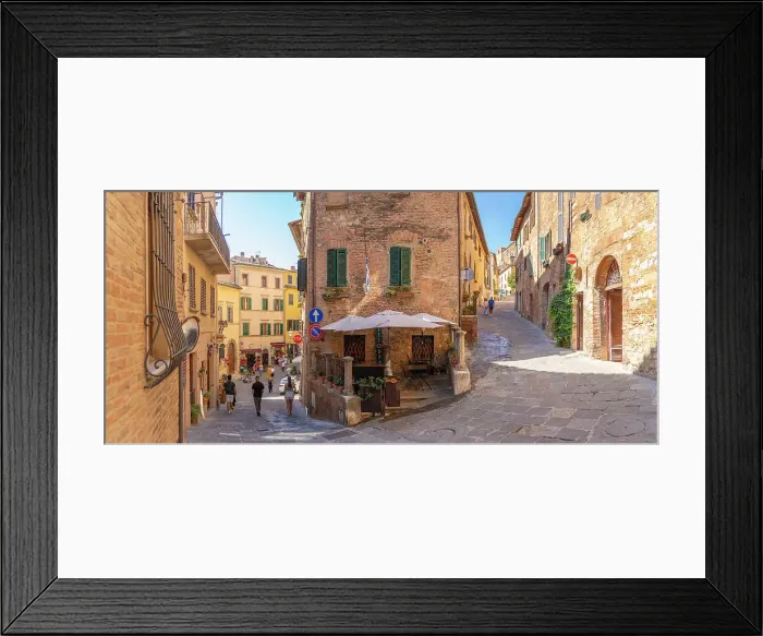 Framed Print : View of cafe and bar in narrow street in Montepulciano, Montepulciano, Province of Siena, Tuscany, Italy, Europe