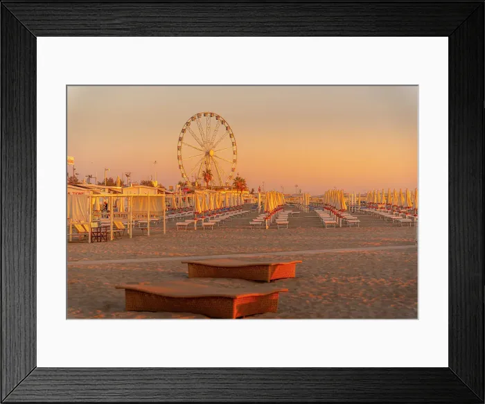 Framed Print : View of ferris wheel and sunshades on the Lido on Rimini Beach at sunrise, Rimini, Emilia-Romagna, Italy, Europe Framed Print : View of ferris wheel and sunshades on the Lido on Rimini Beach at sunrise, Rimini, Emilia-Romagna, Italy, Europe