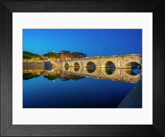 Framed Print : View of Ponte di Tiberio reflecting in Rimini Canal in Borgo San Giuliano district at dusk, Rimini, Emilia-Romagna, Italy, Europe Framed Print : View of Ponte di Tiberio reflecting in Rimini Canal in Borgo San Giuliano district at dusk, Rimini, Emilia-Romagna, Italy, Europe