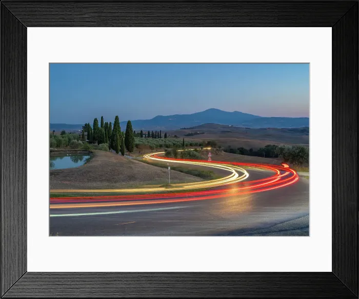 Framed Print : View of car trail lights in Tuscan landscape near Pienza at dusk, Pienza, Province of Siena, Tuscany, Italy, Europe Framed Print : View of car trail lights in Tuscan landscape near Pienza at dusk, Pienza, Province of Siena, Tuscany, Italy, Europe