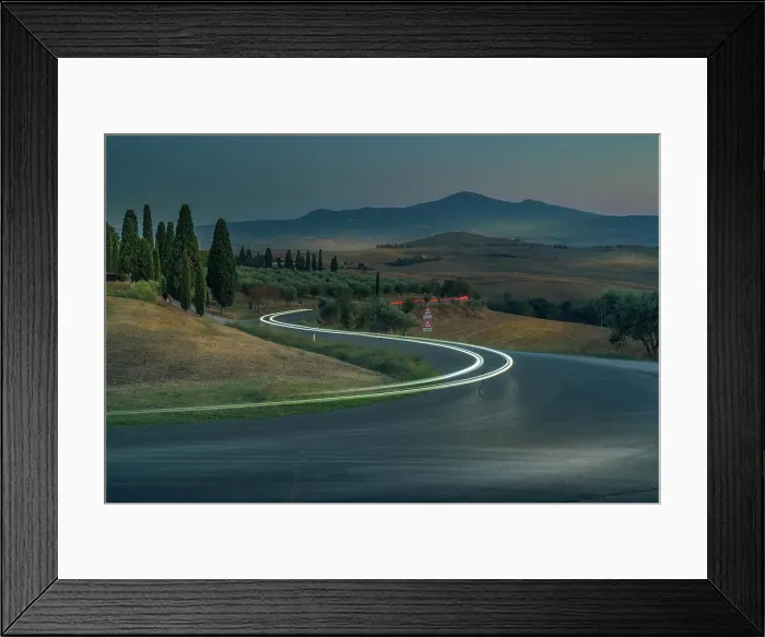 Framed Print : View of car trail lights in Tuscan landscape near Pienza at dusk, Pienza, Province of Siena, Tuscany, Italy, Europe Framed Print : View of car trail lights in Tuscan landscape near Pienza at dusk, Pienza, Province of Siena, Tuscany, Italy, Europe