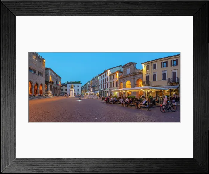 Framed Print : View of restaurant in Piazza Cavour in Rimini at dusk, Rimini, Emilia-Romagna, Italy, Europe