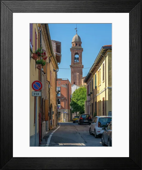 Framed Print : View of church bell tower and narrow street in Rimini, Rimini, Emilia-Romagna, Italy, Europe Framed Print : View of church bell tower and narrow street in Rimini, Rimini, Emilia-Romagna, Italy, Europe