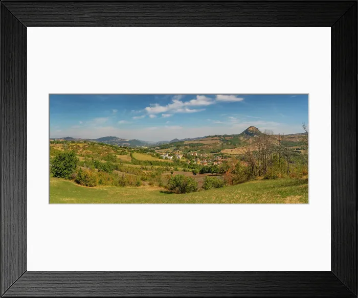Framed Print : View of trees and countryside towards San Leo, Province of San Rimini, Emilia-Romagna, Italy, Europe