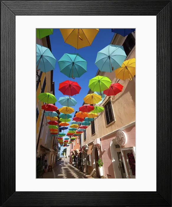 Framed Print : Hanging Umbrellas, Veliki Squiare Street, Old Town, Novigrad, Croatia, Europe
