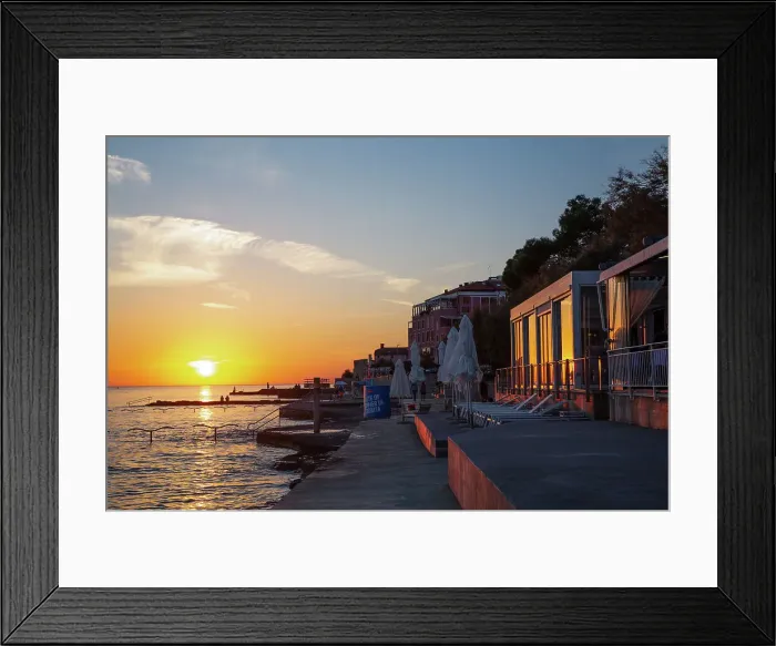 Framed Print : Sunset, sea view, restaurants on the right, Old Town, Novigrad, Croatia, Europe