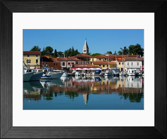 Framed Print : Boats, Marina, Novigrad Port, Tower of St. Pelagius Church in the background, Old Town, Novigrad, Croatia, Europe