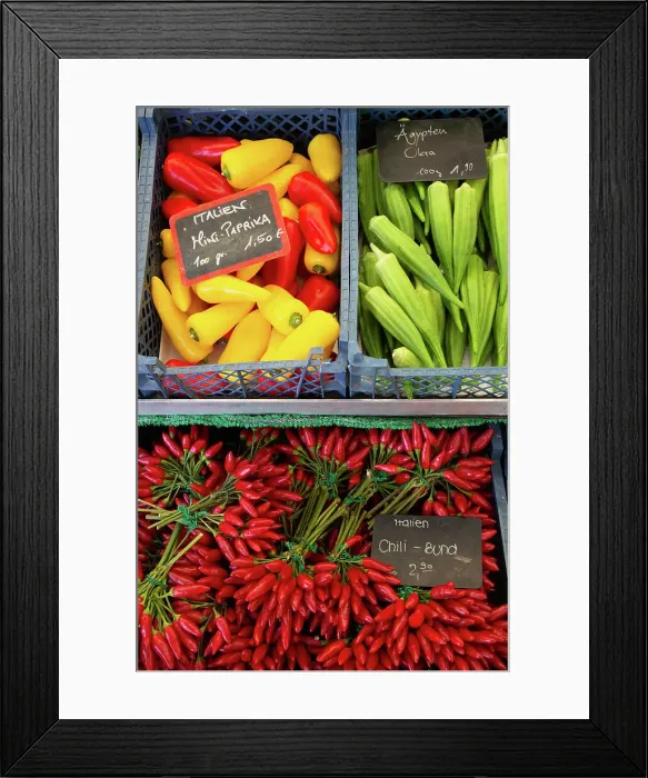 Framed Print : Vegetables including okra, paprika and chilli for sale, Viktualienmakt (Market), Old Town, Munich, Bavaria, Germany, Europe
