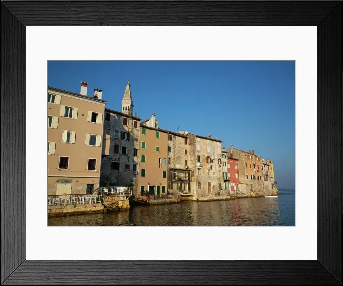 Framed Print : Buildings on the waterfront and Tower of Church of St. Euphemia behind, Old Town, Rovinj, Croatia, Europe