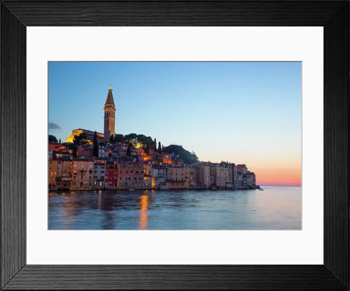 Framed Print : Waterfront and Tower of Church of St. Euphemia in the evening, Old Town, Rovinj, Croatia, Europe Framed Print : Waterfront and Tower of Church of St. Euphemia in the evening, Old Town, Rovinj, Croatia, Europe