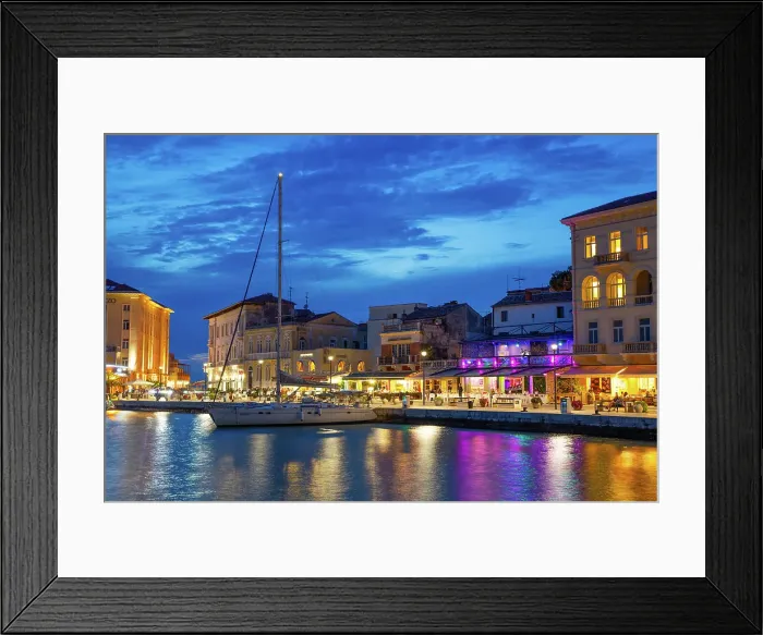Framed Print : Boat and waterfront restaurants in the evening, Harbor, Porec, Croatia, Europe Framed Print : Boat and waterfront restaurants in the evening, Harbor, Porec, Croatia, Europe