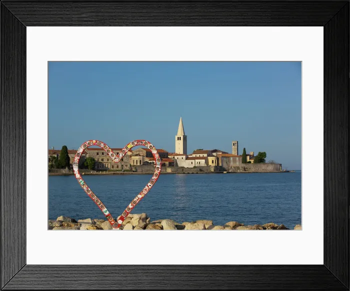 Framed Print : Love Symbol, Red Heart, Tower of Euphrasian Bascilica in the background, Old Town, Porec, Croatia, Europe