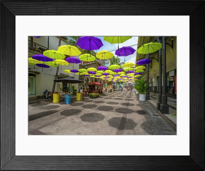 Framed Print : View of umbrellas and shops at Caudan Waterfront in Port Louis, Port Louis, Mauritius, Indian Ocean, Africa Framed Print : View of umbrellas and shops at Caudan Waterfront in Port Louis, Port Louis, Mauritius, Indian Ocean, Africa
