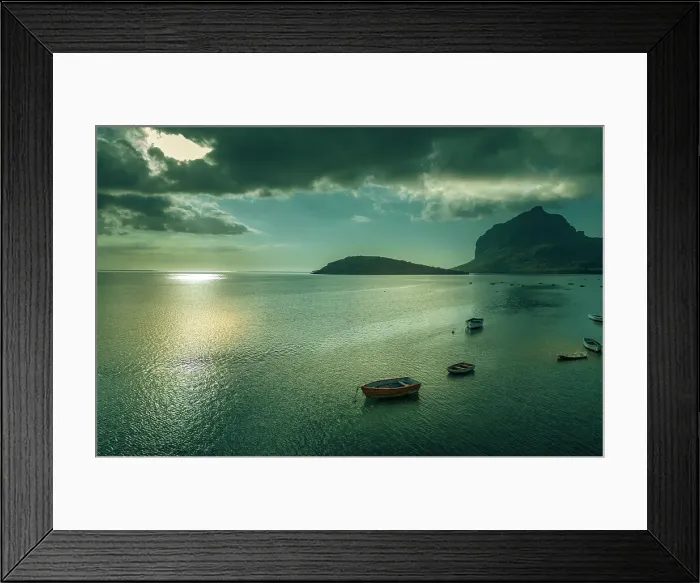 Framed Print : Aerial view of Le Morne and boats in Indian Ocean from Le Morne village, Mauritius, Indian Ocean, Africa Framed Print : Aerial view of Le Morne and boats in Indian Ocean from Le Morne village, Mauritius, Indian Ocean, Africa