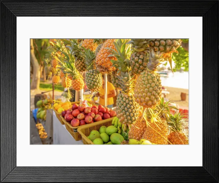 Framed Print : View of pineapples and apples on fruit stall in Grand Bay at golden hour, Mauritius, Indian Ocean, Africa Framed Print : View of pineapples and apples on fruit stall in Grand Bay at golden hour, Mauritius, Indian Ocean, Africa