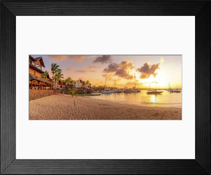 Framed Print : View of beach and boats in Grand Bay at golden hour, Mauritius, Indian Ocean, Africa Framed Print : View of beach and boats in Grand Bay at golden hour, Mauritius, Indian Ocean, Africa