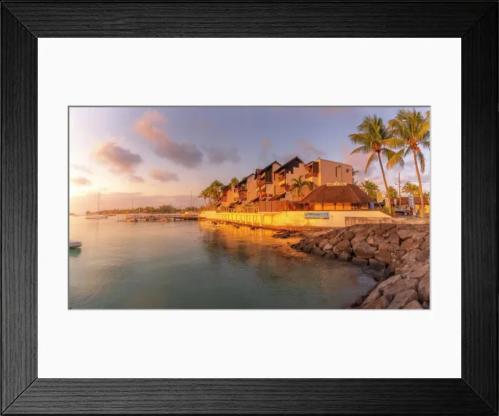 Framed Print : View of waterside apartments in Grand Bay at sunset, Mauritius, Indian Ocean, Africa Framed Print : View of waterside apartments in Grand Bay at sunset, Mauritius, Indian Ocean, Africa