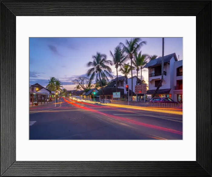 Framed Print : View of palm trees and boutique shops in Grand Bay at dusk, Mauritius, Indian Ocean, Africa Framed Print : View of palm trees and boutique shops in Grand Bay at dusk, Mauritius, Indian Ocean, Africa