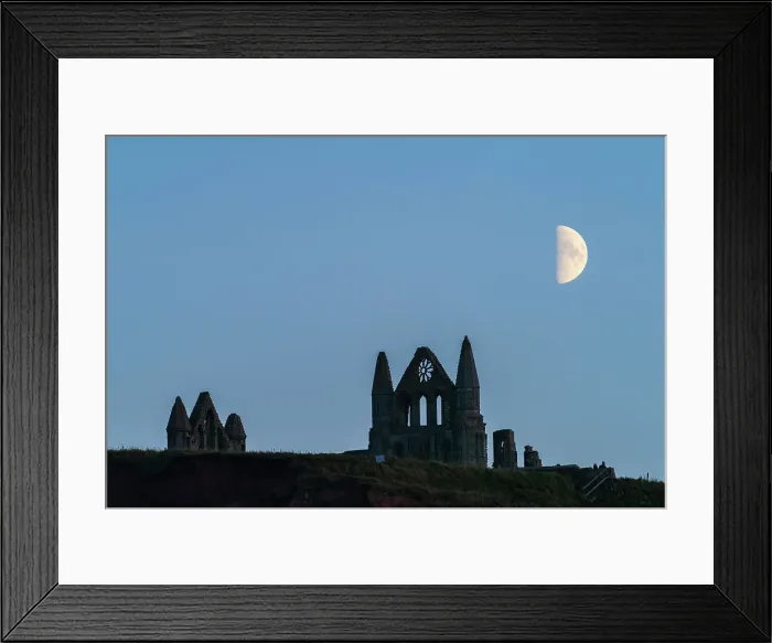 Framed Print : Half moon rising over Whitby Abbey in mid-October 2023, North Yorkshire coast, Whitby, Yorkshire, England, United Kingdom, Europe Framed Print : Half moon rising over Whitby Abbey in mid-October 2023, North Yorkshire coast, Whitby, Yorkshire, England, United Kingdom, Europe