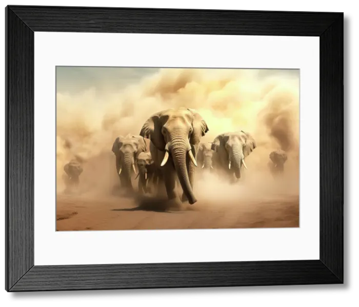 Framed Print : AI Generated image of African elephants (Loxodonta africana) running in front of a desert sandstorm, Africa Framed Print : AI Generated image of African elephants (Loxodonta africana) running in front of a desert sandstorm, Africa