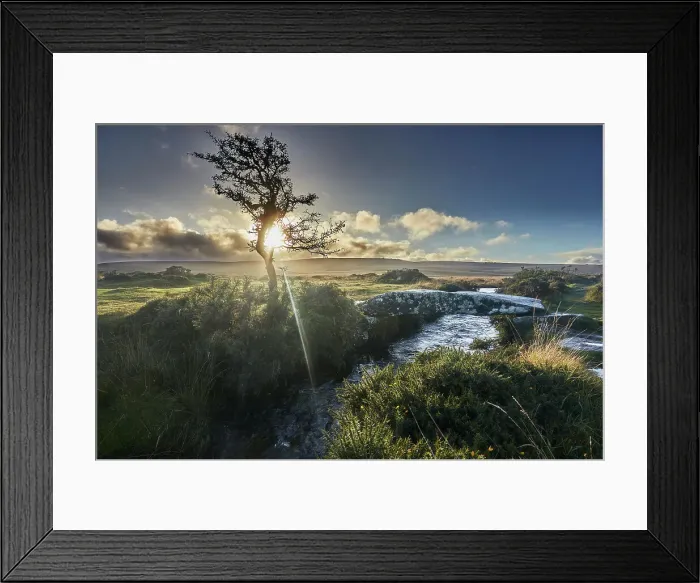 Framed Print : A gnarled old hawthorn tree silhouetted by the setting sun, with an ancient stone bridge crossing a stream nearby, on open moorland, Gidleigh Common, near Chagford, Dartmoor National Park, Devon, England, United Kingdom, Europe Framed Print : A gnarled old hawthorn tree silhouetted by the setting sun, with an ancient stone bridge crossing a stream nearby, on open moorland, Gidleigh Common, near Chagford, Dartmoor National Park, Devon, England, United Kingdom, Europe