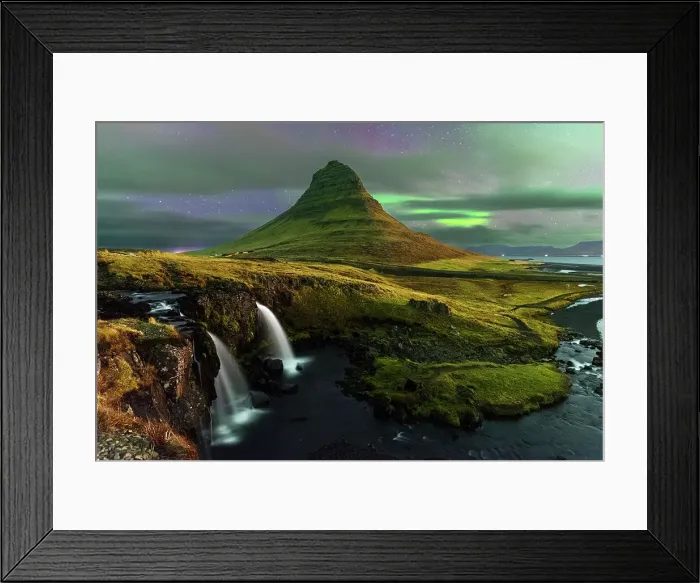 Framed Print : Kirkjufell mountain and Kirkjufellfoss waterfall with faded Northern Lights (Aurora Borealis) behind clouds, Snaefellsnes Peninsula, Western Iceland, Iceland, Polar Regions Framed Print : Kirkjufell mountain and Kirkjufellfoss waterfall with faded Northern Lights (Aurora Borealis) behind clouds, Snaefellsnes Peninsula, Western Iceland, Iceland, Polar Regions