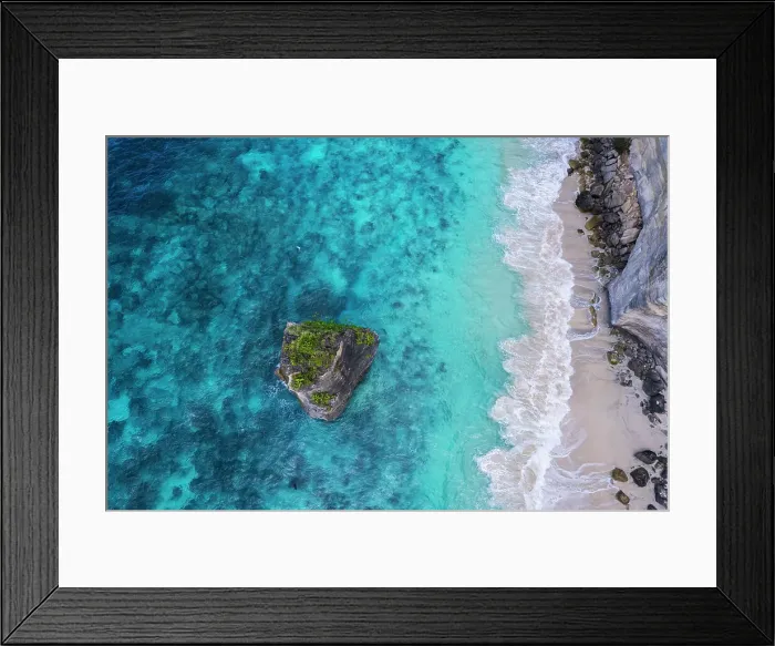 Framed Print : Aerial view of Suwehan white sandy beach with turquoise sea water and the big rock (sea stack) in the sea seen from a drone, Nusa Penida, Klungkung regency, Bali, Indonesia, Southeast Asia, Asia Framed Print : Aerial view of Suwehan white sandy beach with turquoise sea water and the big rock (sea stack) in the sea seen from a drone, Nusa Penida, Klungkung regency, Bali, Indonesia, Southeast Asia, Asia