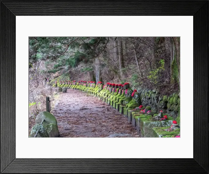 Framed Print : Narabi Jizo Buddha statues with red hat covered with Moss in Nikko, Tochigi, Honshu, Japan, Asia Framed Print : Narabi Jizo Buddha statues with red hat covered with Moss in Nikko, Tochigi, Honshu, Japan, Asia