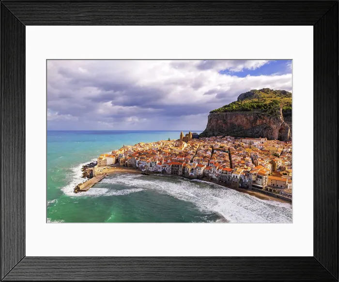 Framed Print : Aerial view of the old white village of Cefalu on a cloudy day, aerial view, Cefalu, Palermo province, Tyrrhenian Sea, Sicily, Italy, Mediterranean, Europe Framed Print : Aerial view of the old white village of Cefalu on a cloudy day, aerial view, Cefalu, Palermo province, Tyrrhenian Sea, Sicily, Italy, Mediterranean, Europe