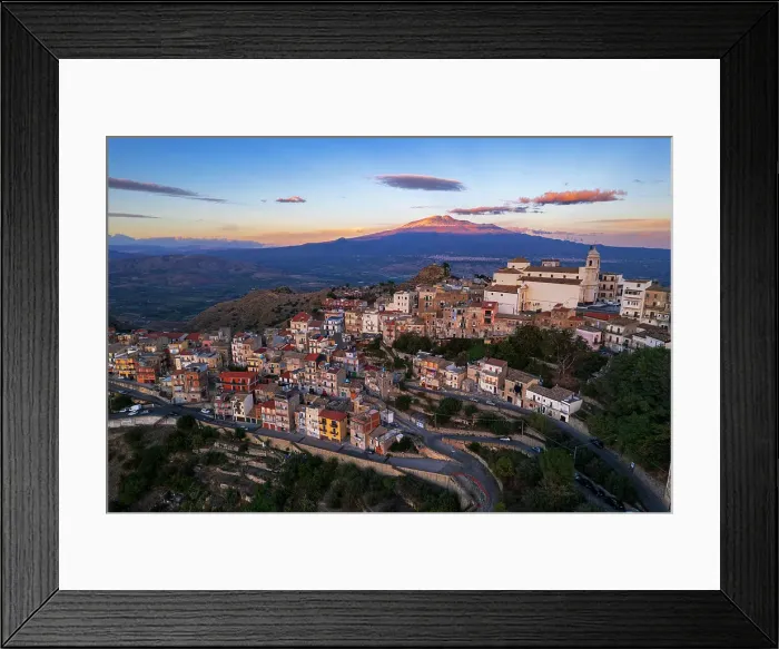 Framed Print : Aerial view of the old village of Centuripe with Mount Etna volcano Etna covered with snow and lit from the sunset, Centuripe, Enna province, Sicily, Italy, Mediterranean, Europe Framed Print : Aerial view of the old village of Centuripe with Mount Etna volcano Etna covered with snow and lit from the sunset, Centuripe, Enna province, Sicily, Italy, Mediterranean, Europe