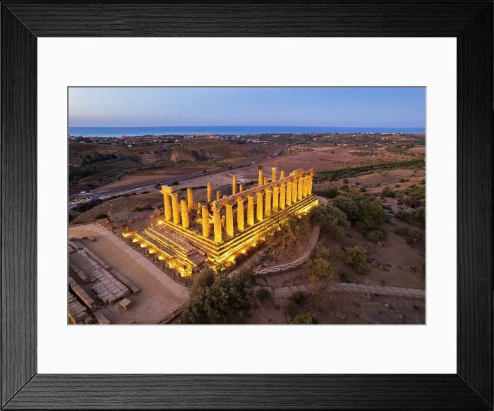 Framed Print : The illuminated Greek Temple of Hera seen from a drone, Valley of the Temples, UNESCO World Heritage Site, Agrigento, Sicily, Italy, Mediterranean, Europe Framed Print : The illuminated Greek Temple of Hera seen from a drone, Valley of the Temples, UNESCO World Heritage Site, Agrigento, Sicily, Italy, Mediterranean, Europe