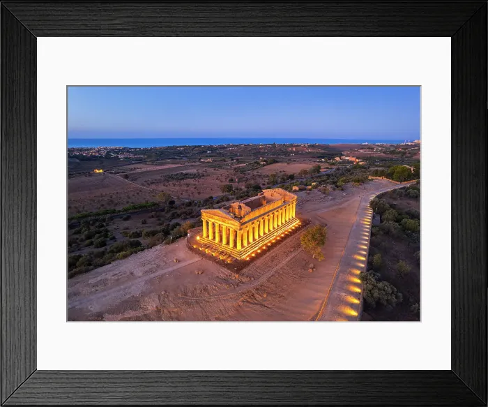 Framed Print : The illuminated Temple of Concordia seen from a drone at dawn, Valley of the Temples, UNESCO World Heritage Site, Agrigento, Sicily, Italy, Mediterranean, Europe Framed Print : The illuminated Temple of Concordia seen from a drone at dawn, Valley of the Temples, UNESCO World Heritage Site, Agrigento, Sicily, Italy, Mediterranean, Europe