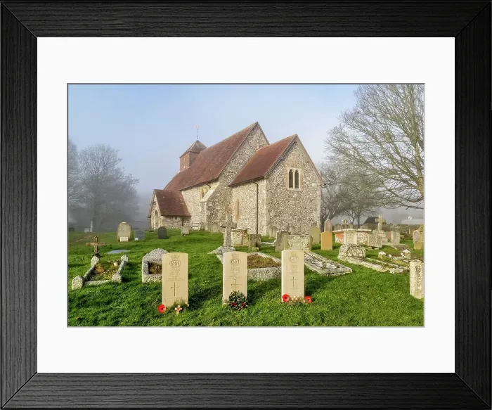 Framed Print : The 11th century Church of St. Mary The Virgin on a foggy winter morning, Friston, South Downs National Park, East Sussex, England, United Kingdom, Europe