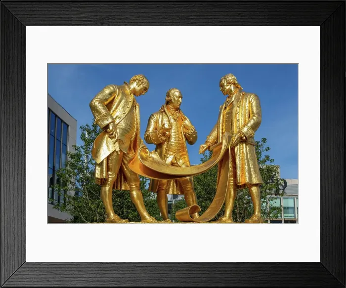 Framed Print : The statue of Matthew Boulton, James Watt and William Murdoch known as The Golden Boys, Centenary Square, Birmingham, West Midlands, England, United Kingdom, Europe Framed Print : The statue of Matthew Boulton, James Watt and William Murdoch known as The Golden Boys, Centenary Square, Birmingham, West Midlands, England, United Kingdom, Europe