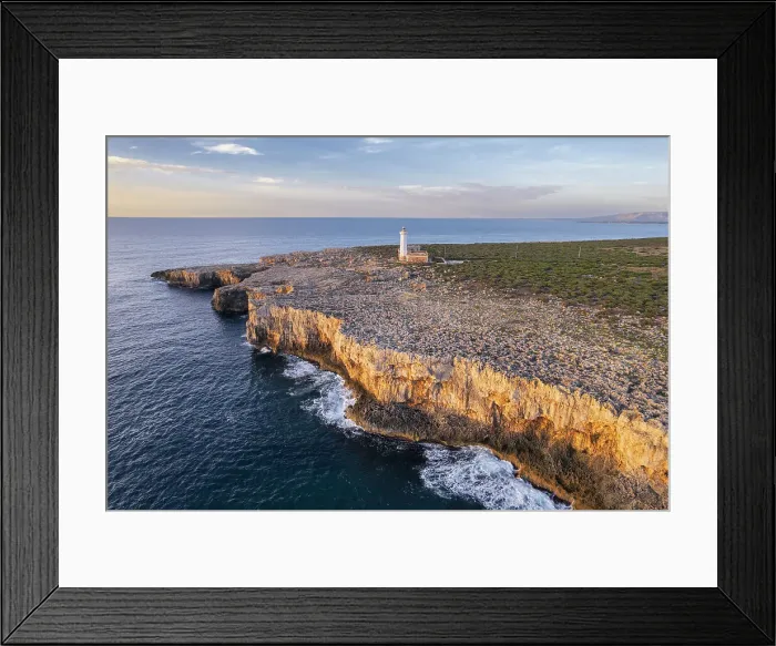 Framed Print : Aerial morning view of the white lighthouse of Capo Murro di Porco on the peninsula Maddalena, Plemmirio Marine Park, Ionian Sea, Syracuse province, Sicily, Italy, Mediterranean, Europe Framed Print : Aerial morning view of the white lighthouse of Capo Murro di Porco on the peninsula Maddalena, Plemmirio Marine Park, Ionian Sea, Syracuse province, Sicily, Italy, Mediterranean, Europe