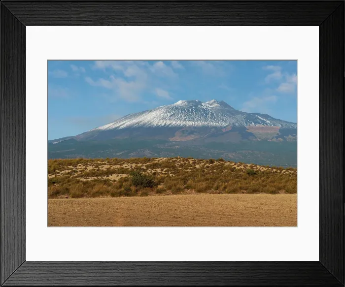 Framed Print : First snow covering the summit of Mount Etna volcano seen from inland, UNESCO World Heritage Site, Etna Park, Catania province, Sicily, Italy, Mediterranean, Europe