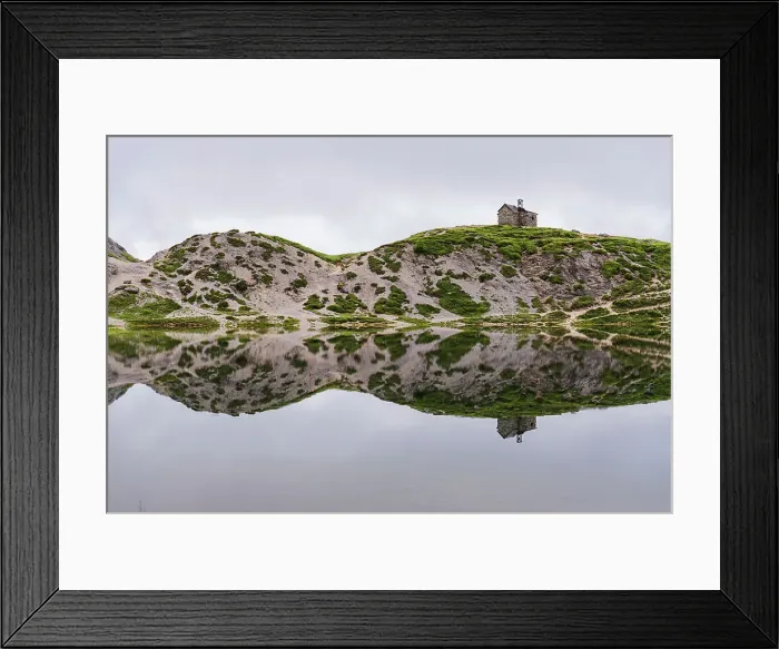 Framed Print : The small church and the reflection of the alpine landscape in the calm water, Olbe lakes, Sappada, Carniche Alps, Udine province, Friuli-Venezia Giulia, Italy, Europe Framed Print : The small church and the reflection of the alpine landscape in the calm water, Olbe lakes, Sappada, Carniche Alps, Udine province, Friuli-Venezia Giulia, Italy, Europe