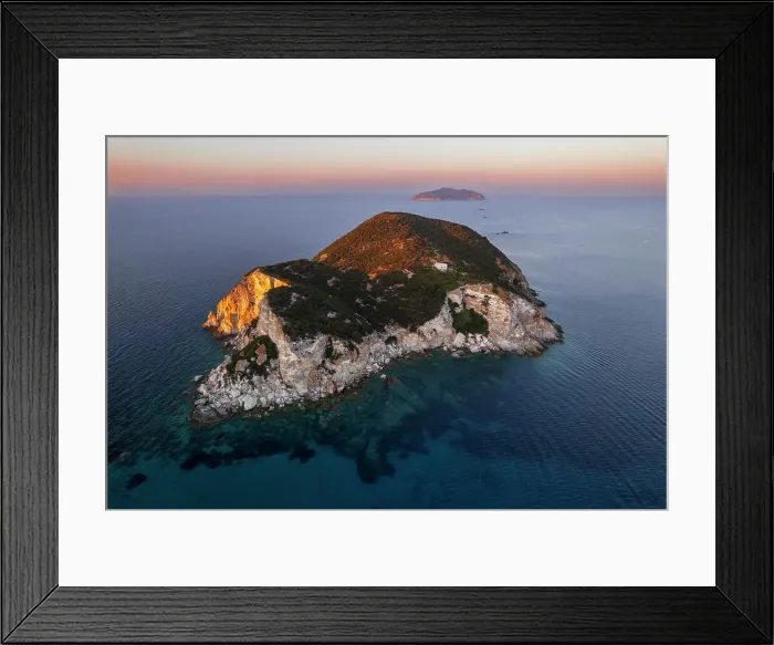 Framed Print : Sunset above Gavi island with Zannone island in the background, aerial view, Ponza municipality, Circeo National Park, Pontine archipelago, Tyrrhenian sea, Latina province, Latium (Lazio), Italy Europe