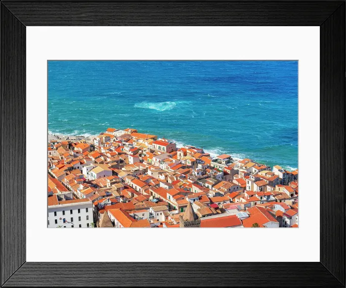 Framed Print : The old fishing village of Cefalu with red roofs and white houses seen from above, Palermo province, Tyrrhenian Sea, Sicily, Italy, Mediterranean, Europe