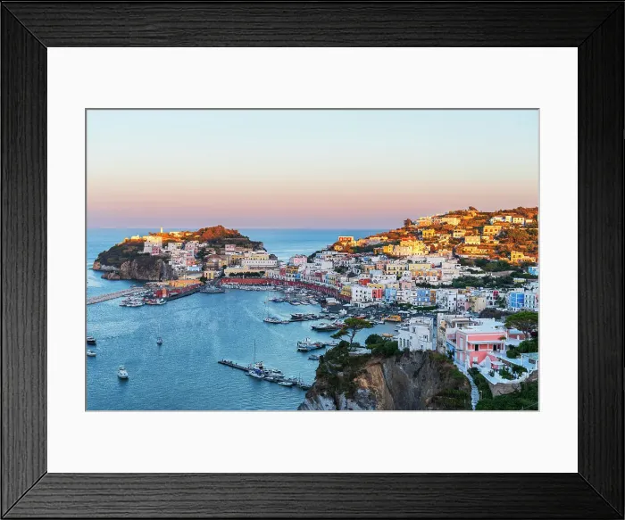 Framed Print : Traditional and colorful fishing town of Ponza seen from above at sunset, Pontine archipelago, Latina province, Tyrrhenian Sea, Latium (Lazio), Italy Europe Framed Print : Traditional and colorful fishing town of Ponza seen from above at sunset, Pontine archipelago, Latina province, Tyrrhenian Sea, Latium (Lazio), Italy Europe