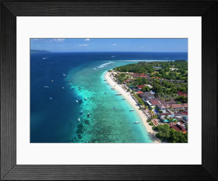 Framed Print : Aerial view of Gili Trawangan beach with boats anchored in the ocean, Gili Trawangan, Gili Islands archipelago, Lombok, West Nusa Tenggara, Indian Ocean, Indonesia, Southeast Asia, Asia Framed Print : Aerial view of Gili Trawangan beach with boats anchored in the ocean, Gili Trawangan, Gili Islands archipelago, Lombok, West Nusa Tenggara, Indian Ocean, Indonesia, Southeast Asia, Asia
